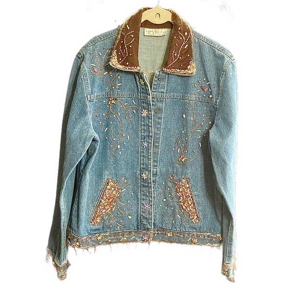 Spring Sale 🌼 Mary Frances beaded bejeweled fringe jean jacket snap up M/L - Picture 2 of 13
